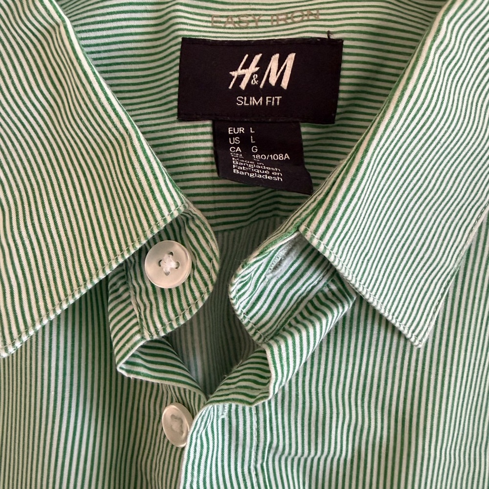 H&M Slim Fit Green and White Pinstripe Dress Shirt